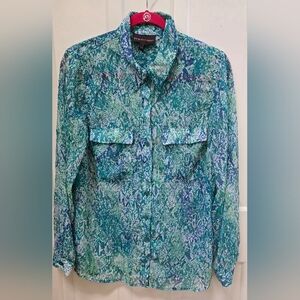Dana Buchman Teal and Blue With Silver Women's Button Down Sheer Shirt Size L
